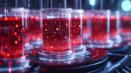 Extreme close-up of futuristic blood analysis with holographic visuals, showcasing precision and detail in biotechnology. Industrial, 3D style.