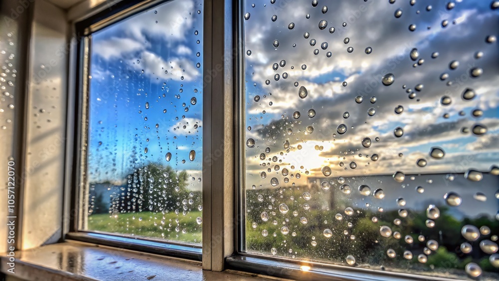 Poster mesmerizing droplets of water adorn the window, perfectly positioned using the rule of thirds, creat