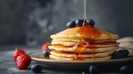 Fresh pancakes on table with syrup dripping and grey background