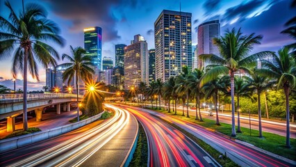 Miami Highway at Night with Bokeh Effect – Vibrant City Lights and Traffic Trails