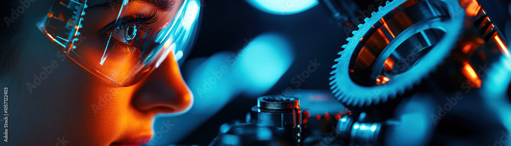 Poster a focused engineer examines intricate machinery with goggles in a technological, illuminated environ