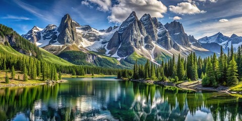 Fototapeta premium Towering granite peaks with snow-capped summits, lush green forests and serene lakes, mountain range, forest landscape