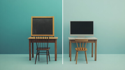 old school desk with chalkboard contrasts sharply with modern desk featuring computer, symbolizing evolution of education and technology