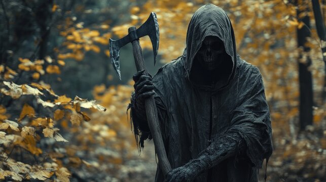 A man in a black hooded cloak holding a large axe