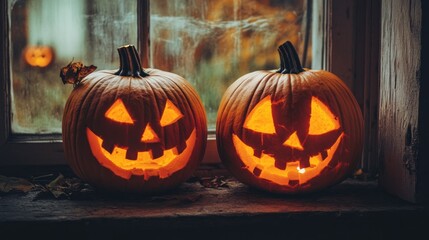 Obraz premium Two pumpkins with orange faces and lit up eyes