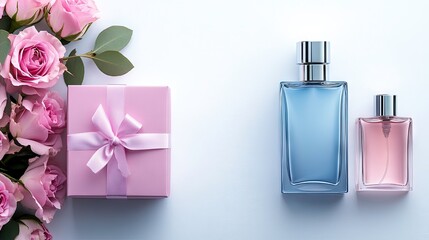 Elegant pink rose bouquet with a gift box and delicate perfume bottles on a soft white surface for a romantic celebration