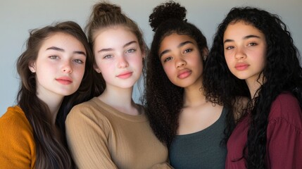 Obraz premium Four girls are standing together, one of them wearing a yellow shirt
