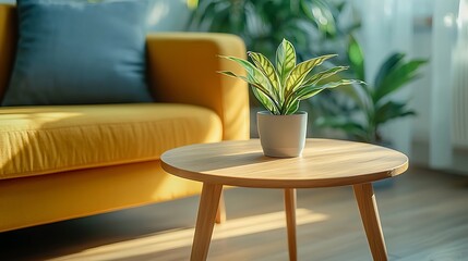 Bright living room with vibrant yellow sofa and potted plant creating a warm and inviting atmosphere in modern interior design