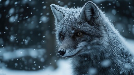 Naklejka premium Arctic Fox in Snow-Covered Tundra, Camouflaged with Swirling Snowflakes and Blue Hues Under Overcast Sky
