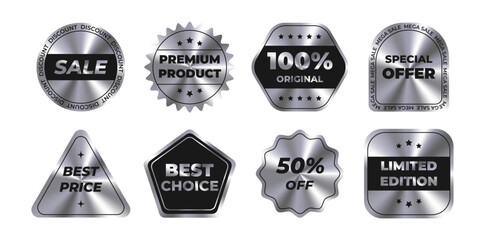 Set stickers with a holographic effect. Hologram various geometric shapes. Set of label with metal foil texture Sale, 100% Original, Special Offer, Best Price, Best Choice, Premium Product,  50% off.