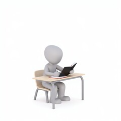 3D Stick Figure Scholar Studying with Pen Minimalist Academic Illustration with Copy Space