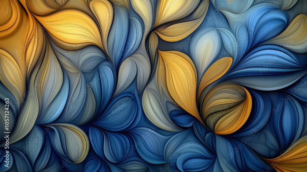 Poster abstract artwork featuring swirling, leaf-like shapes in rich blue and gold tones, creating a sense 
