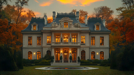 Autumnal Sunset with a Grand House