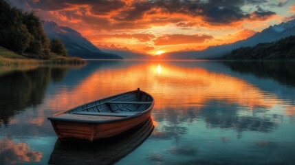 Obraz premium A boat is floating on a lake with a beautiful sunset in the background