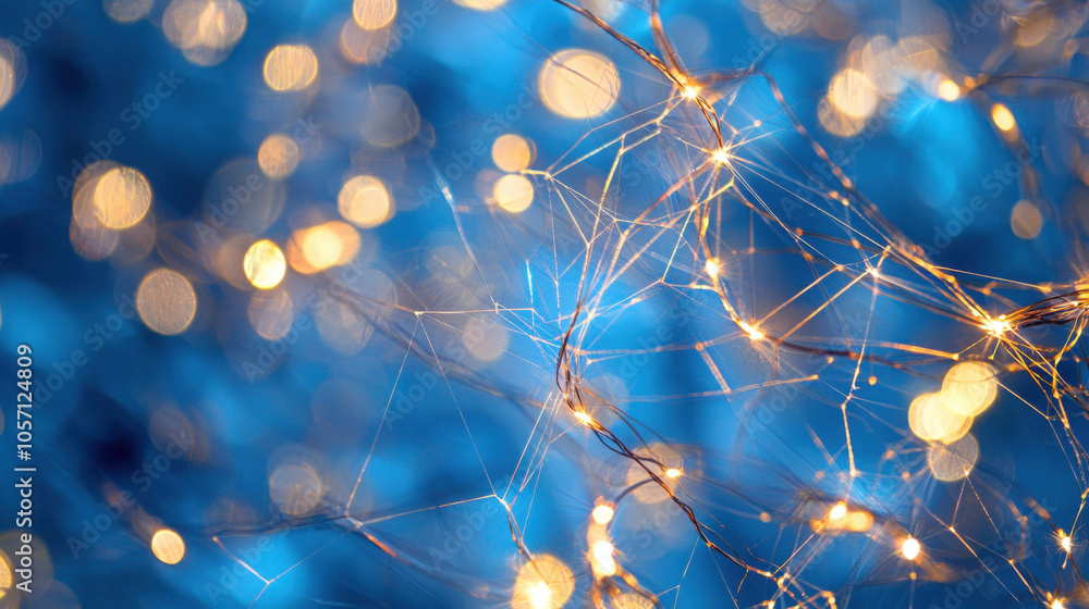 Poster bright tangled webs of light against deep blue background create mesmerizing visual effect, evoking 
