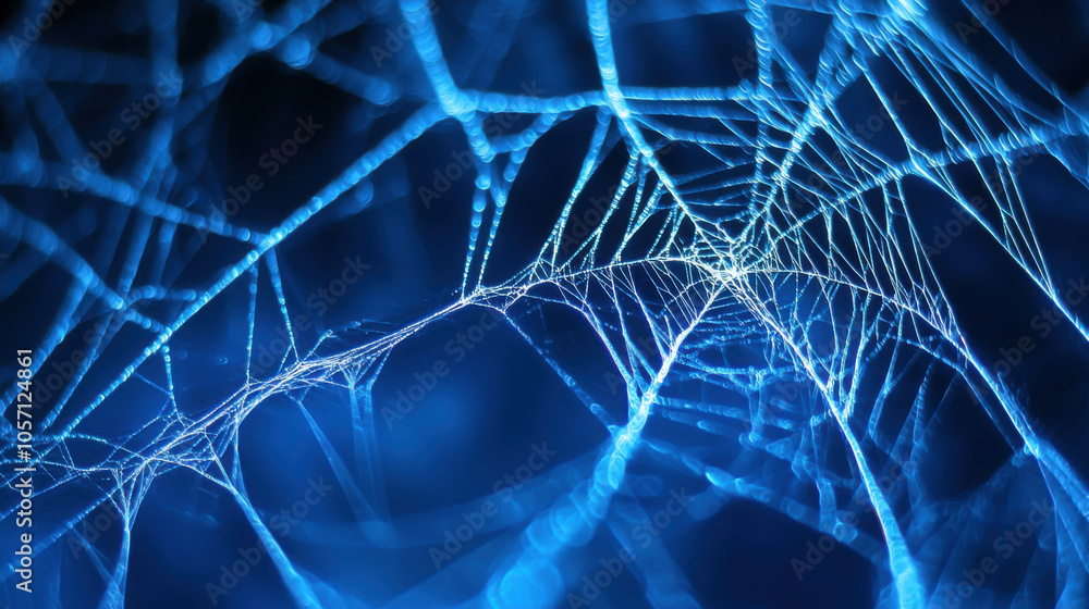 Poster bright tangled webs of light against deep blue background create mesmerizing visual effect, evoking 