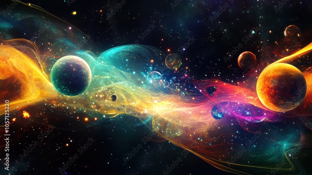 Poster a mesmerizing abstract scene with glowing quantum planets forming a cosmic system surrounded by floa