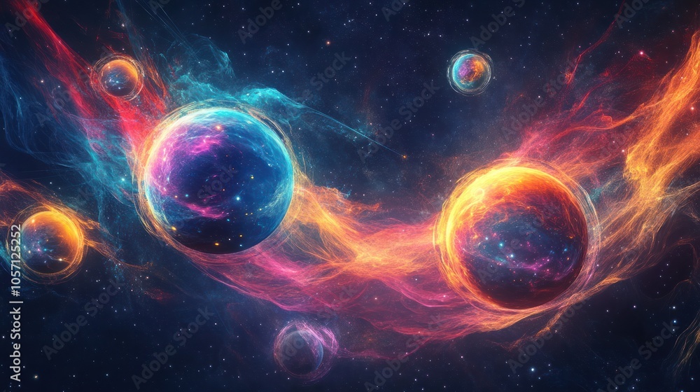 Poster a mesmerizing abstract scene with glowing quantum planets forming a cosmic system surrounded by floa