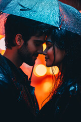 Romantic Couple Sharing Intimate Moment Under Rainy Night Sky