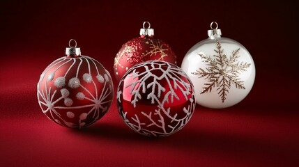 Four red and white Christmas ornaments are sitting on a red background