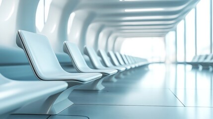 A row of white chairs are lined up in a hallway