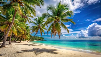 Obraz premium Warm sandy beach with large palm trees and turquoise water in the distance, beach scene, island scenery, sunshine, palm fronds, palm trees