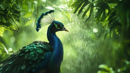Obraz premium Vivid Peacock in Rainy Lush Garden with Greens and Blues, Impressionist Style with Ethereal Glow