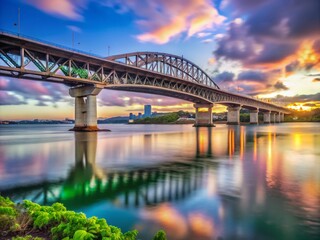 Minimalist Harbour Bridge View in New Zealand at Dawn with Calm Waters and Soft Light for Tranquil Atmosphere