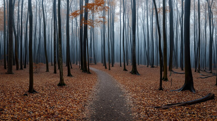 Naklejka premium Misty forest with tall trees and a pathway covered in autumn leaves, creating a serene and atmospheric landscape.