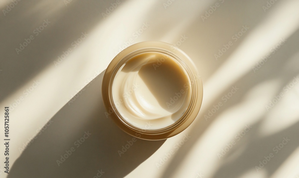 Poster a close-up of an open jar of face cream on a light beige background with shadows.