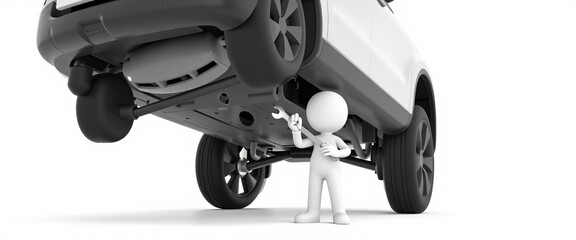 3D stick figure character performing automotive repair, minimalist style, ideal for car maintenance visuals and educational content with copy space