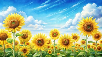 Watercolor illustration of a sunflower field with tall yellow flowers and blue sky, sunflower painting, sunflower field, blue sky, garden decor, tall flowers