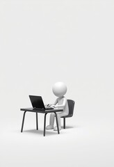 Fototapeta premium 3D stick figure software developer, minimalist white style, ideal for tech presentations with copy space