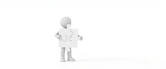 Fototapeta premium 3D stick figure character representing teamwork and problem-solving, minimalist white style, ideal for motivational and team-building visuals with copy space for messages