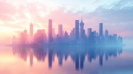 Fototapeta premium City skyline at dawn with reflections on water.
