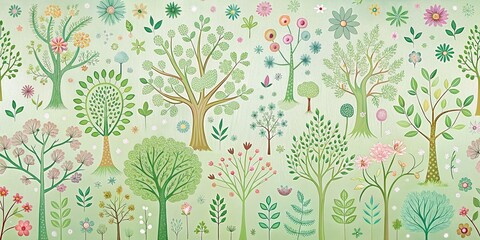 Whimsical green wallpaper with hand-drawn illustrations of trees and flowers, floral pattern, green tone