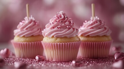 Three pink cupcakes with pink frosting and pink sprinkles on top