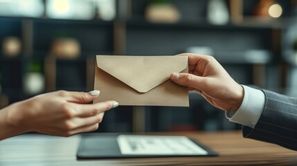 A hand delivering an envelope to another hand across a desk.
