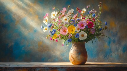 A beautiful bouquet of wildflowers arranged in a rustic vase on a wooden table, with soft natural light and a cozy farmhouse aesthetic.