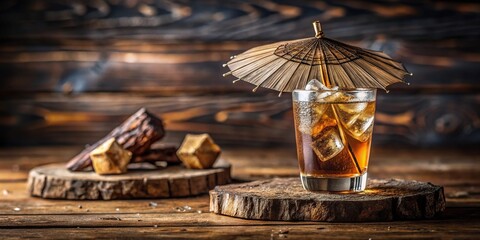 Wooden drink umbrella with intricate carvings and a natural finish sitting at the edge of a whiskey glass filled with ice and a splash of cola, drinks, cozy