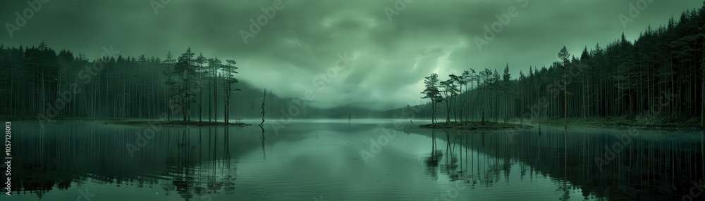 Poster a lake with trees in the background and a cloudy sky