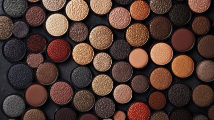 A close-up shot of various eyeshadow palettes in different shades of brown and beige.