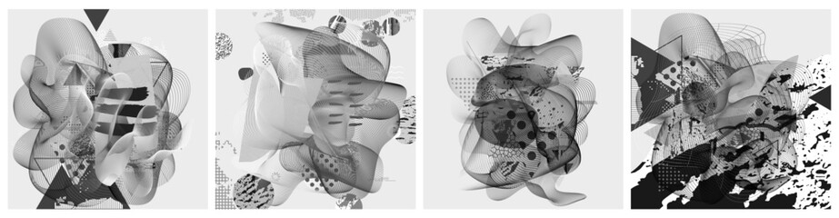 Different textures and shapes artistic vector illustration collage set. Geometric abstract design, creative background for banner, brochure, card, invitation, flyer, placard, poster, report, artwork	