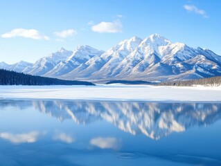 Majestic snow-covered mountain range reflecting in tranquil frozen lake under clear blue sky