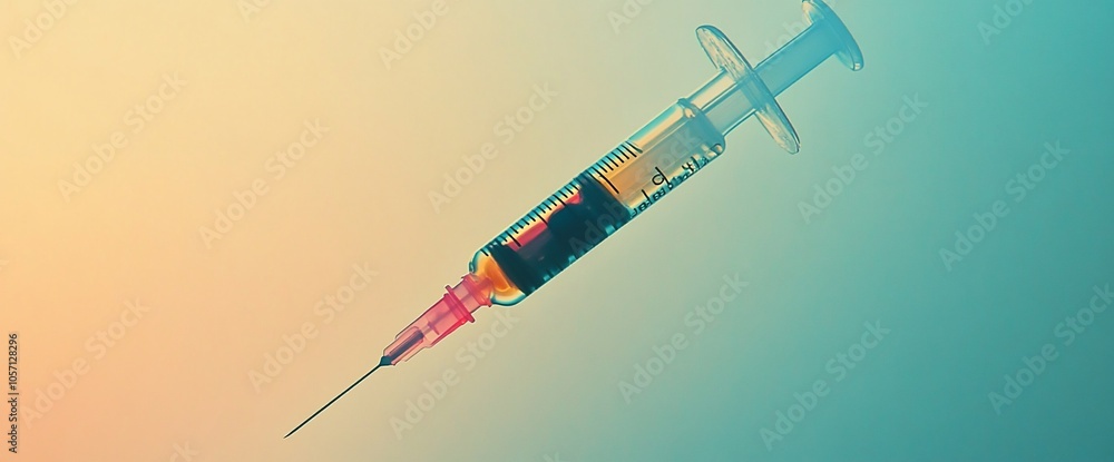 Poster a close-up view of a medical syringe with a needle pointing towards the right, filled with clear liq