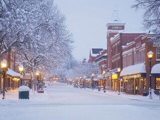 Charming snow-covered town street with festive lights and historic brick buildings