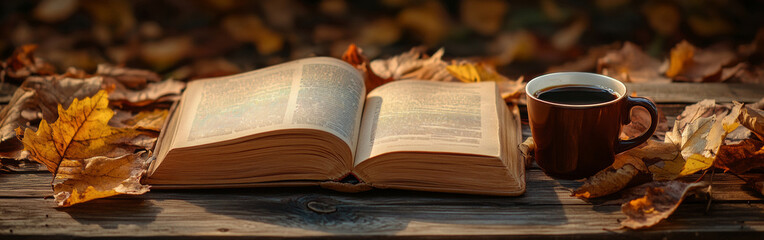 Obraz premium An open book lies on a rustic wooden table, accompanied by a steaming cup of coffee. Surrounding it are colorful autumn leaves, creating a cozy atmosphere for reading