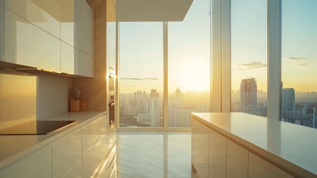 Fototapeta Bright modern kitchen with white accents and expansive window overlooking sunrise in skyscraper