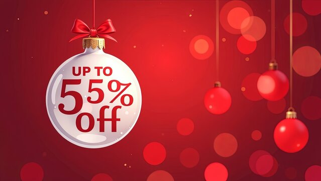 Christmas tree ball with  up to 55% off. Christmas sale background. New year super sale. Retail promotions, discount events and social media marketing, big sale offer. Red festive background.