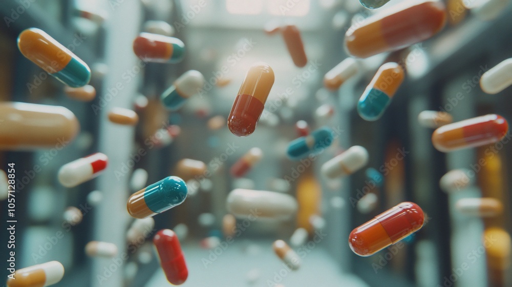Poster a close-up view of colorful pills falling in mid-air against a blurred background.